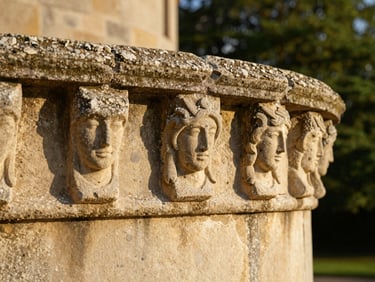 Detail of weathered stone carving on a historic Norman chateau, warm sunlight highlighting textures, soft green foliage in background