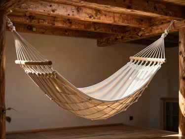 Cozy attic mezzanine with a suspended white rope hammock net, rustic wooden rafters overhead, soft natural light, warm editorial photography, 35mm.