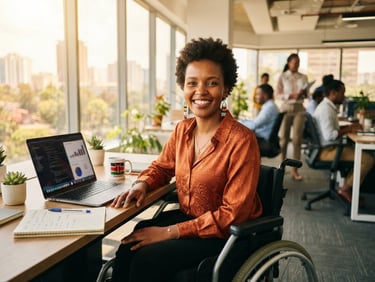 Warm editorial portrait of a professional Kenyan woman with a physical disability smiling at her desk in a sunlit Nairobi office, bright natural East African sunlight, 35mm