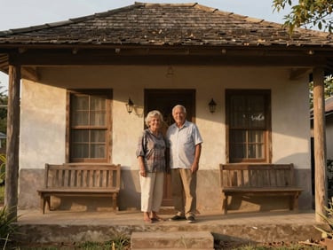 An elderly couple smiling on the front porch of a beautifully restored craft-style home, soft natural light, warm earthy tones.