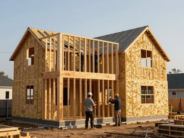 Warm daylight shot of a local construction crew installing sustainable timber framing and high-efficiency insulation on a new home.