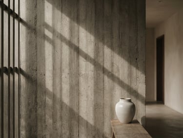 A quiet architectural space with soft, indirect daylight casting long, structured shadows on a textured concrete wall, minimalist and serene.