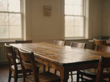 Wide atmospheric shot of a long vintage wooden banquet table in an empty, softly lit room, warm diffused light.