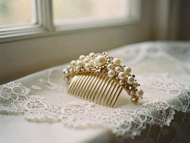 Close-up of an antique bridal hair comb with delicate pearls and small crystals, placed on a lace veil.