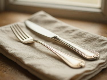 Close-up of vintage silver cutlery with a gentle patina, resting on a linen napkin, soft golden light.