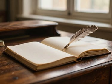 Close-up of a vintage wooden writing desk with an open, aged journal and a feather quill, diffused window light, shallow depth of field.