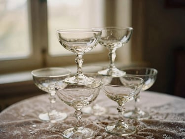 Stack of vintage crystal champagne coupes on a velvet cloth, warm diffused light, intimate close-up