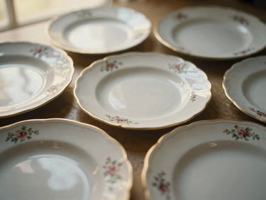 Close-up of mismatched vintage porcelain plates with delicate floral patterns, soft golden light, shallow depth of field.