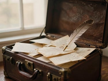 Wide shot of an antique leather travel trunk, slightly open, with old letters and a quill pen spilling out, soft golden-hour light, muted antique tones.