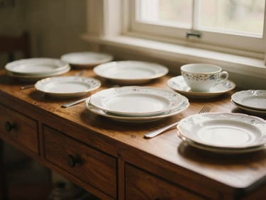 Close-up of a vintage wooden buffet table adorned with antique serving dishes, warm diffused light.