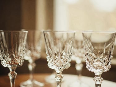Close-up of vintage cut crystal glasses sparkling under warm golden light, shallow depth of field.