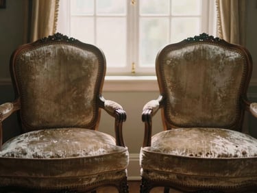 Pair of antique velvet armchairs, ornate wooden frame, soft worn velvet, warm diffused light.