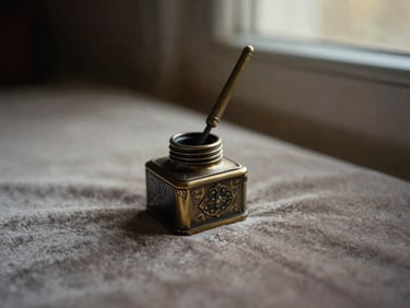 Detail shot of an ornate bronze inkwell with a delicate pen, resting on a velvet cloth, muted antique tones, intimate framing.