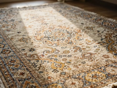 Detail of a vintage Persian rug, faded intricate patterns, soft textures, golden light filtering through.