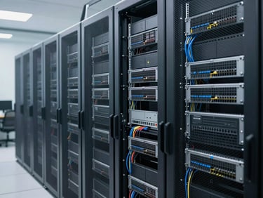 Organized server racks and network cabling in a modern data center, cool-toned daylight, sharp focus, 35mm