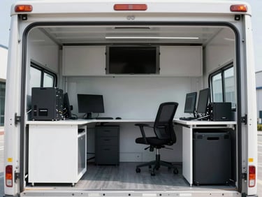 Interior of a clean, modern logistics truck with securely strapped office furniture and IT equipment, bright cool-toned daylight, sharp focus, 35mm