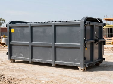 Clean 20-yard roll-off dumpster on an active, organized construction site, showing its scale, bright Texas daylight, sharp focus.