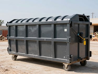 Clean 15-yard roll-off dumpster on an organized construction site, showing its scale, bright Texas daylight, sharp focus.