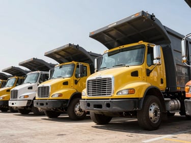 Low-angle heroic shot of a fleet of Austin Value Dumpsters trucks lined up, emphasizing their size and readiness, bright Texas daylight, high contrast.