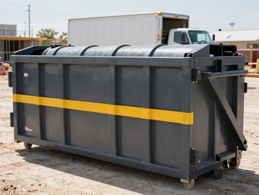 15-yard roll-off dumpster on an active but organized construction site, with a delivery truck in the background, bright Texas daylight