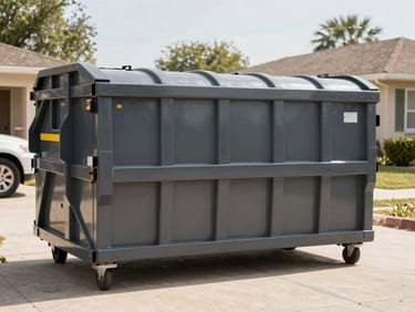 10-yard roll-off dumpster on a residential driveway, next to a car for scale, bright Texas daylight, low angle
