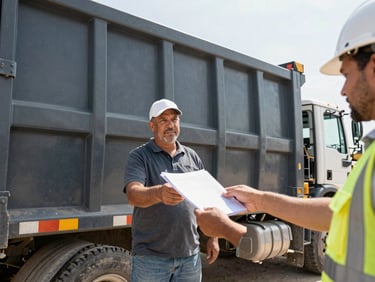 Close-up of a heavy-duty dumpster truck driver handing paperwork to a contractor on a construction site, bright Texas daylight, sharp focus on the exchange.