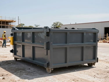 Clean roll-off dumpster placed precisely on a commercial construction site, a worker nearby for scale, bright Texas sunlight, wide environmental shot.