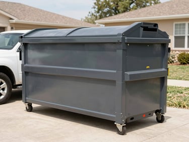 Clean 10-yard roll-off dumpster on a residential driveway, clearly showing its scale next to a standard vehicle, bright Texas daylight, sharp focus.