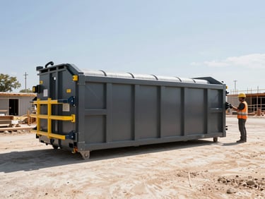 20-yard roll-off dumpster on a commercial construction site, showing its height relative to a worker, bright Texas daylight, wide angle