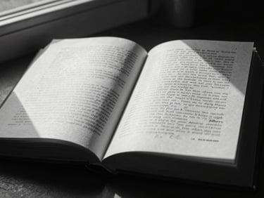 Stark high-contrast black and white shot of open book pages with hand-written marginalia in the borders, dramatic side lighting.