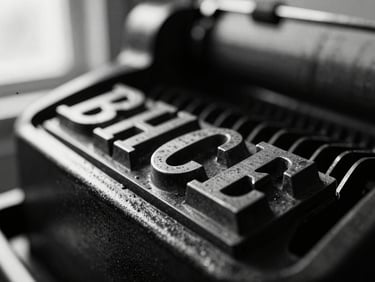 Macro close-up of a vintage printing press letter block, high contrast black and white, dramatic side lighting, rich metallic and paper textures.
