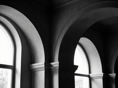 Stark black and white architectural detail of library arches, deep shadows, dramatic natural light, high contrast, 35mm film grain.