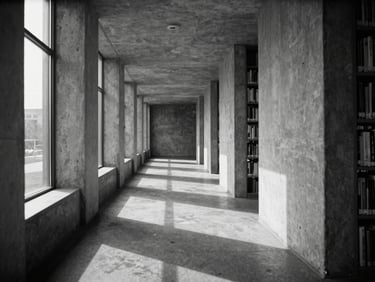 Wide environmental shot of an empty, minimalist concrete library corridor, stark shafts of natural light cutting across the floor, high contrast.