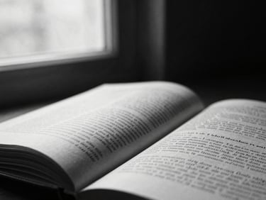 Stark black and white macro photograph of an open book with marginalia, dramatic side-lit window light, high contrast, 35mm film grain.