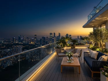 Premium modern penthouse terrace at sunset, glass railings overlooking the Gurgaon skyline, clean architectural lines, deep navy sky with warm gold horizon.