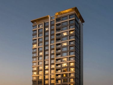 Architectural twilight photography of a newly completed luxury high-rise development, dramatic sky, warm interior lights visible.
