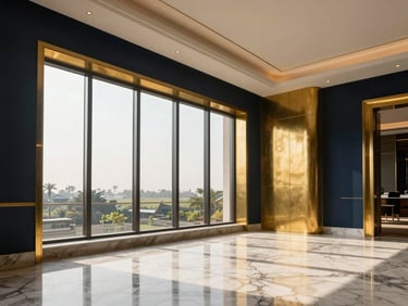 Sunlit luxury penthouse interior in Gurgaon, high-contrast marble and brass details, warm natural light streaming through expansive windows.