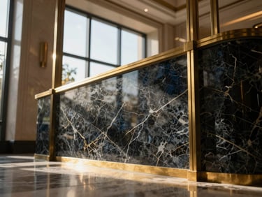 Close-up of a premium marble and brass residential lobby interior, warm sunlight streaming through high windows, luxury architectural photography.