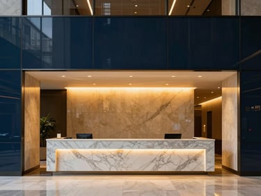 Sleek corporate headquarters lobby with marble reception desk and warm architectural spotlighting, luxury corporate feel
