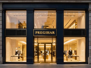 High-traffic premium retail corridor facade with double-height glass windows at twilight, elegant gold signage accents