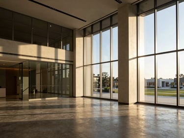 Sunlit modern corporate lobby with clean architectural lines, glass partitions, and polished concrete floors, high-contrast.