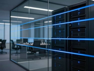 Sleek modern dark office with glowing blue light-streaks reflecting on glass partitions, server rack dimly visible, high-tech professional atmosphere, cinematic 21:9
