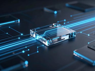 Sleek dark digital interface with neon blue light streaks, glowing data nodes, sharp glass reflections, cool corporate tech style, wide angle