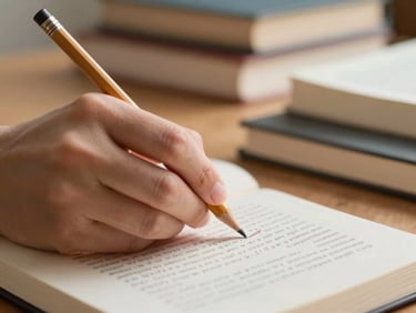Close-up of a hand underlining a sentence in a book with a pencil, warm desk light, soft focus background of stacked books