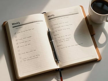Overhead view of a weekly planner spread open on a light surface, several tasks checked off in pen, a coffee cup at the upper right corner, warm natural light from the side