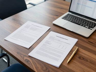 Overhead view of a polished wooden boardroom table in Auckland CBD, neat financial documents, a gold pen, and a laptop showing clean charts under soft natural light.