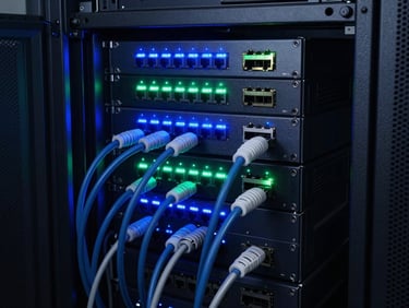 Clean cable management in a server rack, blinking blue and green network LEDs, dark server room environment, cool studio lighting, sharp focus