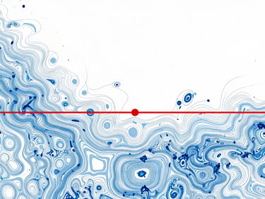 High-contrast telemetry screen displaying maritime bathymetry data, cool blue depth contours, sharp red warning indicator line marking the safe draft clearance corridor