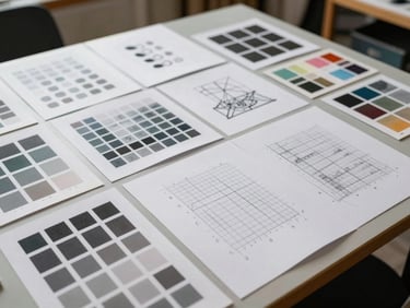 Wide editorial flat-lay of a design process spread on a studio table — printed type studies, grid sketches, and color swatch cards arranged in a working order, studio-controlled daylight, shot from slightly above to show the full spread, no hands, no people