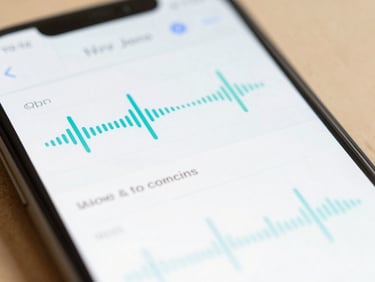 A close-up of a mobile app interface showing wave forms and conversational text, bright modern design, soft clean lighting